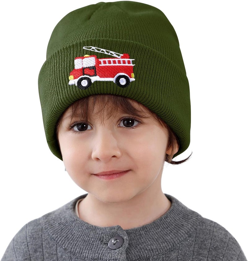 KDVOG Store Kids Knit Beanie Cute Fire Trucks Embroidery Warm Cuffed Skull Caps Classic Autumn Winter Hats for Boys Girls 3-8 Years - Image 2